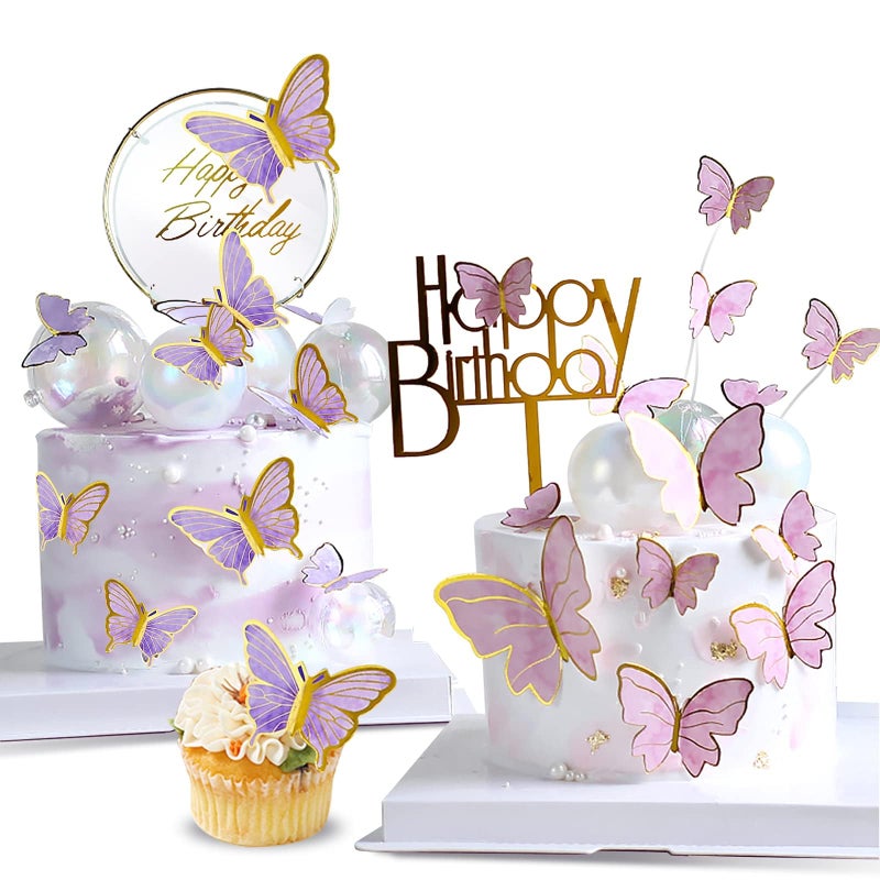 OWill 22-Pieces Butterfly Cake Decorations with Happy Birthday Acrylic Cake Toppers for Baby Shower Wedding Birthday Party Decor (Purple & Pink) - Image 1
