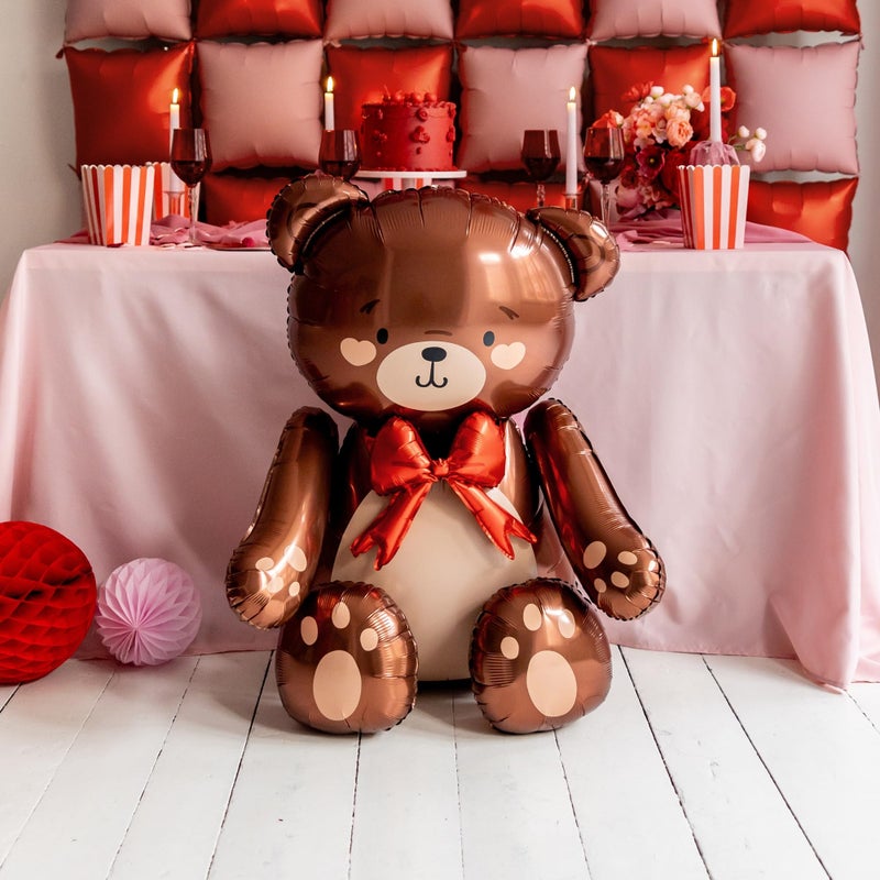 PartyDeco Large Teddy Bear Foil Balloon PartyDeco 29.5x33 Inch â€“ Giant Brown Bear Balloon with Red Bow â€“ Birthday Party Decorations, Romantic Gift, Anniversary, Engagement, Cute Teddy Balloon - Image 3