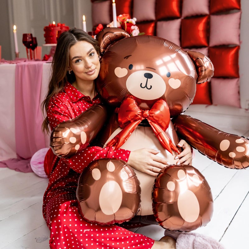 PartyDeco Large Teddy Bear Foil Balloon PartyDeco 29.5x33 Inch â€“ Giant Brown Bear Balloon with Red Bow â€“ Birthday Party Decorations, Romantic Gift, Anniversary, Engagement, Cute Teddy Balloon - Image 5