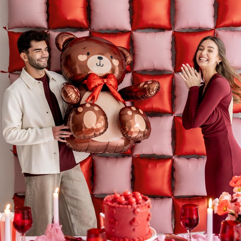 PartyDeco Large Teddy Bear Foil Balloon PartyDeco 29.5x33 Inch â€“ Giant Brown Bear Balloon with Red Bow â€“ Birthday Party Decorations, Romantic Gift, Anniversary, Engagement, Cute Teddy Balloon - Image 4