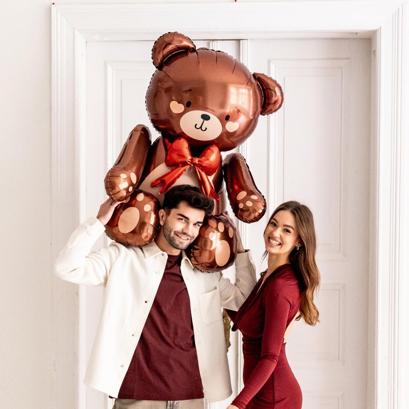 PartyDeco Large Teddy Bear Foil Balloon PartyDeco 29.5x33 Inch â€“ Giant Brown Bear Balloon with Red Bow â€“ Birthday Party Decorations, Romantic Gift, Anniversary, Engagement, Cute Teddy Balloon - Image 2