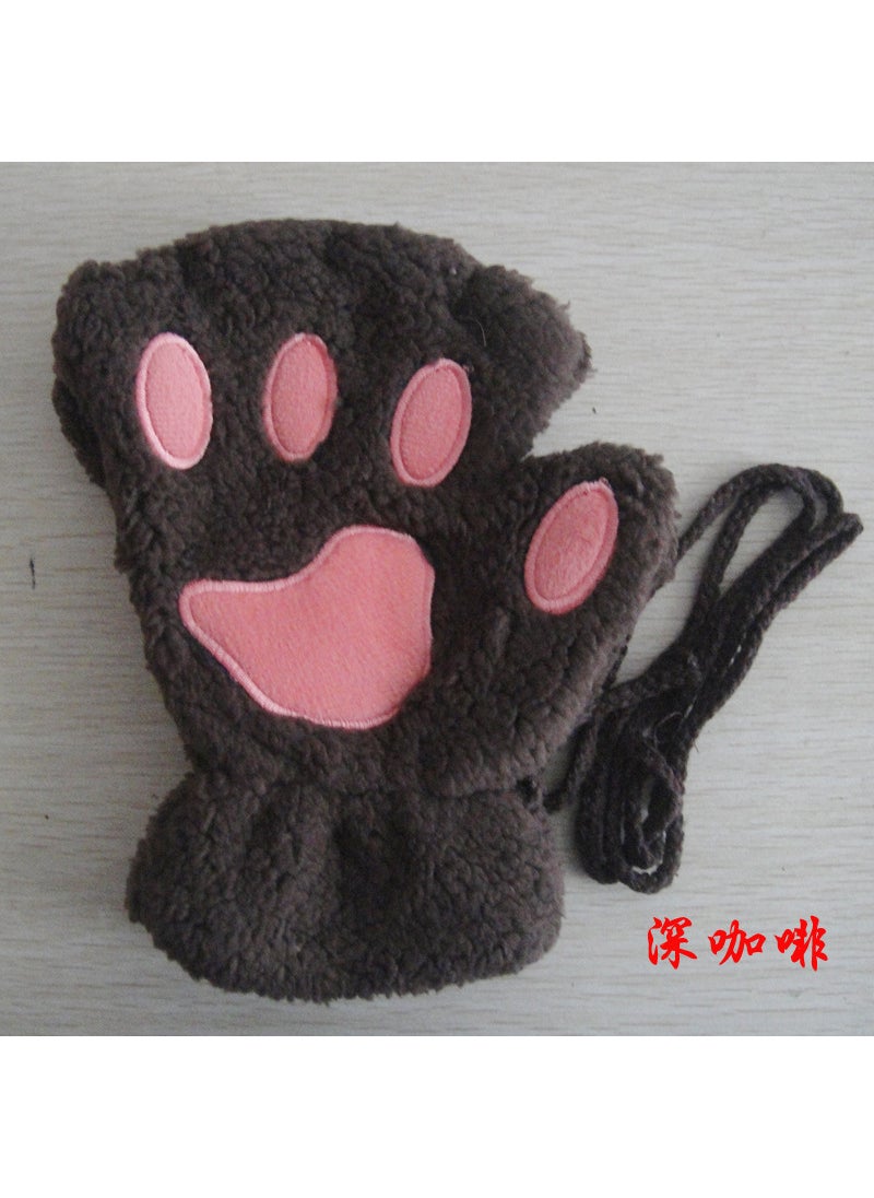 Generic - 2023 cat claw gloves girls open finger gloves winter cute cartoon cat thickened fluffy bear palm half finger gloves Deep coffee bear paw gloves - Image 1