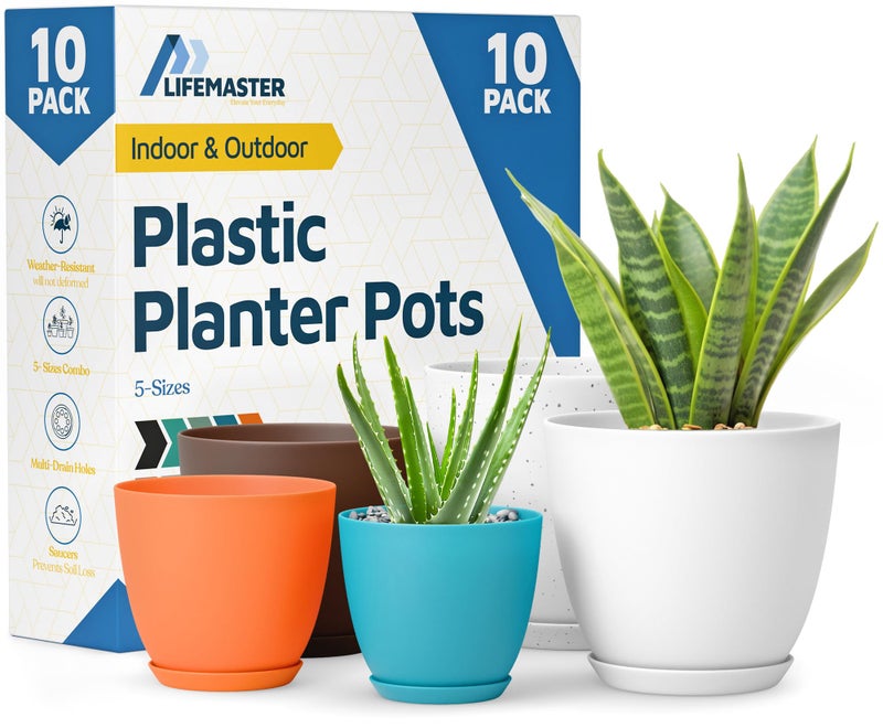 LifeMaster Multicolor Plant Pots with Drainage Holes & Saucers 10 Pack, Indoor & Outdoor Stackable Space-Saving Planters for Houseplants & Flowers, (7", 6.7", 6", 5.3", and 4.8" Inches), Durable & Weatherproof - Image 1