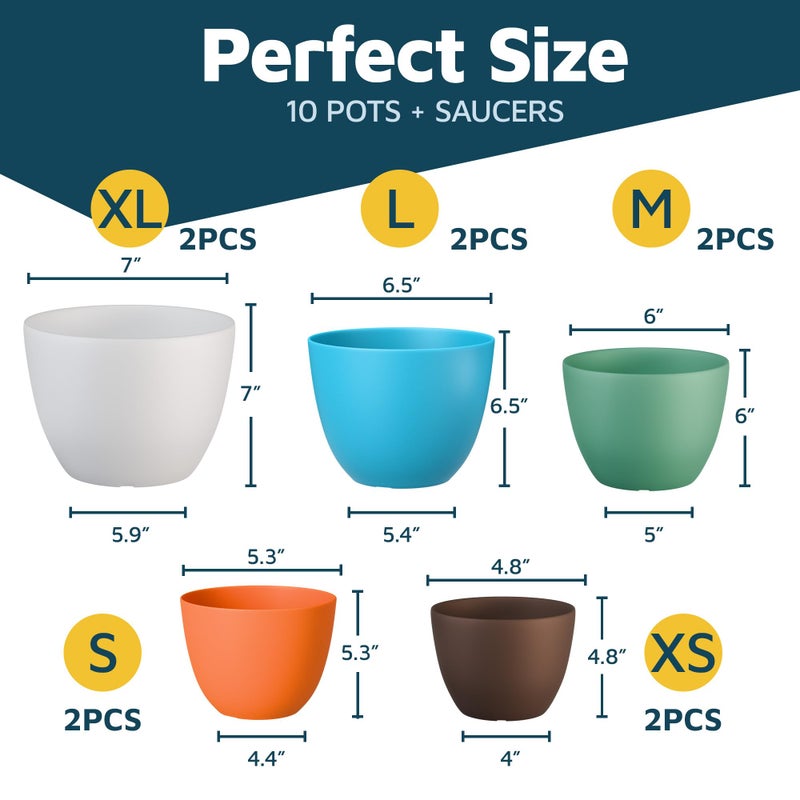 LifeMaster Multicolor Plant Pots with Drainage Holes & Saucers 10 Pack, Indoor & Outdoor Stackable Space-Saving Planters for Houseplants & Flowers, (7", 6.7", 6", 5.3", and 4.8" Inches), Durable & Weatherproof - Image 2