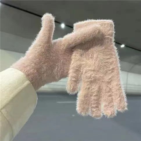 Winter Cycling Warm Gloves Plush Rabbit Faux Fur Insulated Womens Cute Split Finger Solid Color Mittens Mink Single Pink 