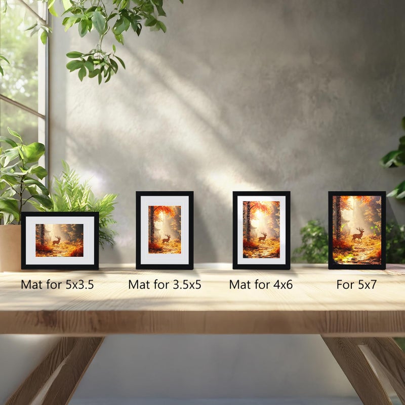 Serwrsw 5x7 Black Picture Frame with Double White Mat 4 Pack, 5 by 7 Family Wedding Frame Fits 3 Photo Sizes, with Mat for 3.5x5 or 4x6, without Mat for 5x7, Display on Tabletop or Wall - Image 2