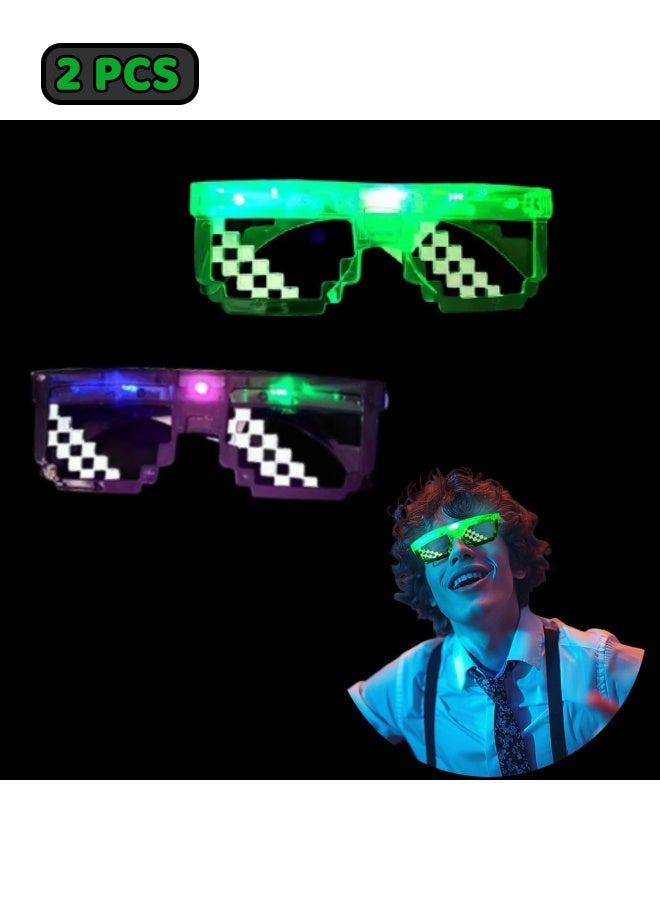 2 PCS LED Light Up Glasses for Kids & Adults, Pixel Art Design Style, Glow in the Dark Neon Glasses, Personalized Light-Up Glasses for Party Favors, Birthday & School Events, Wedding, and All Kind of Them Party (Black/Green) - Image 1