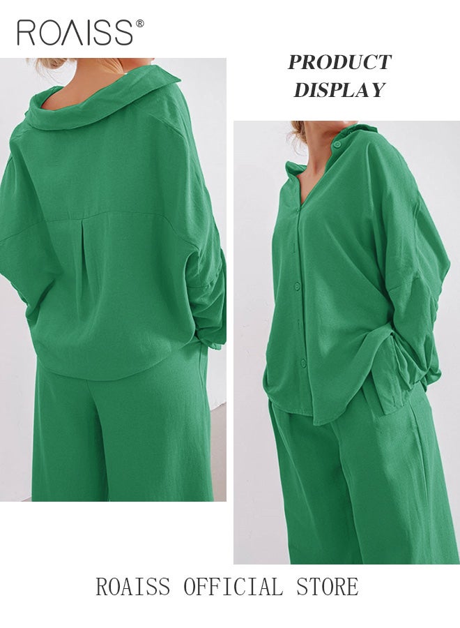 roaiss Ladies Comfortable Cotton Linen 2 Piece Suit for Daily Commute - Shirt and Wide Leg Pants Set with Simple Loose Fit Design for Leisure - Image 5