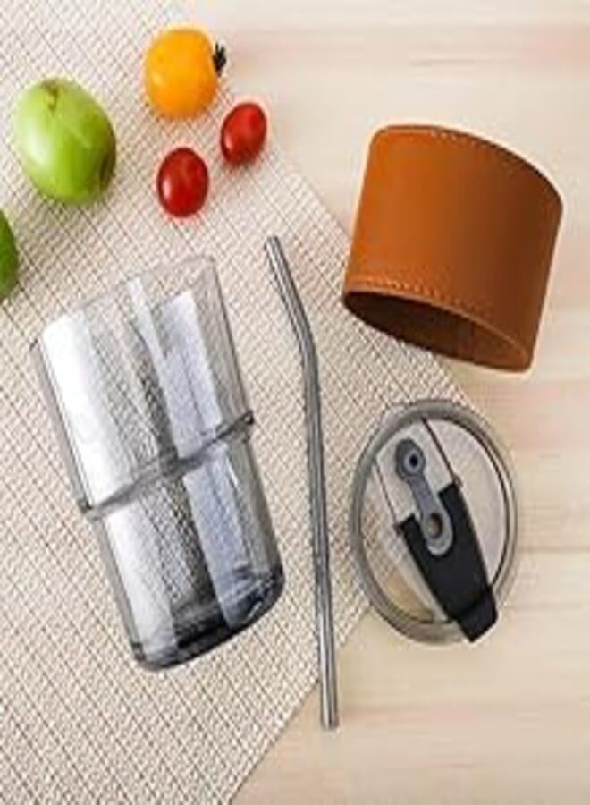 Glass Cup (450ml) with Stylish Leather Cover, Palmo Glass and Shalemo with Silicone Reservation and Lid (100 Pieces)