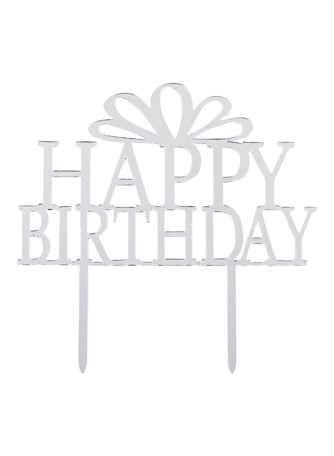 Restaurantware Top Cake 6 x 5.8 Inch Happy Birthday Cake Topper, 1 Mirrored Birthday Cake Decoration - With Bow, Durable, Silver Acrylic Birthday Topper For Dessert And Party Decorations - Image 1
