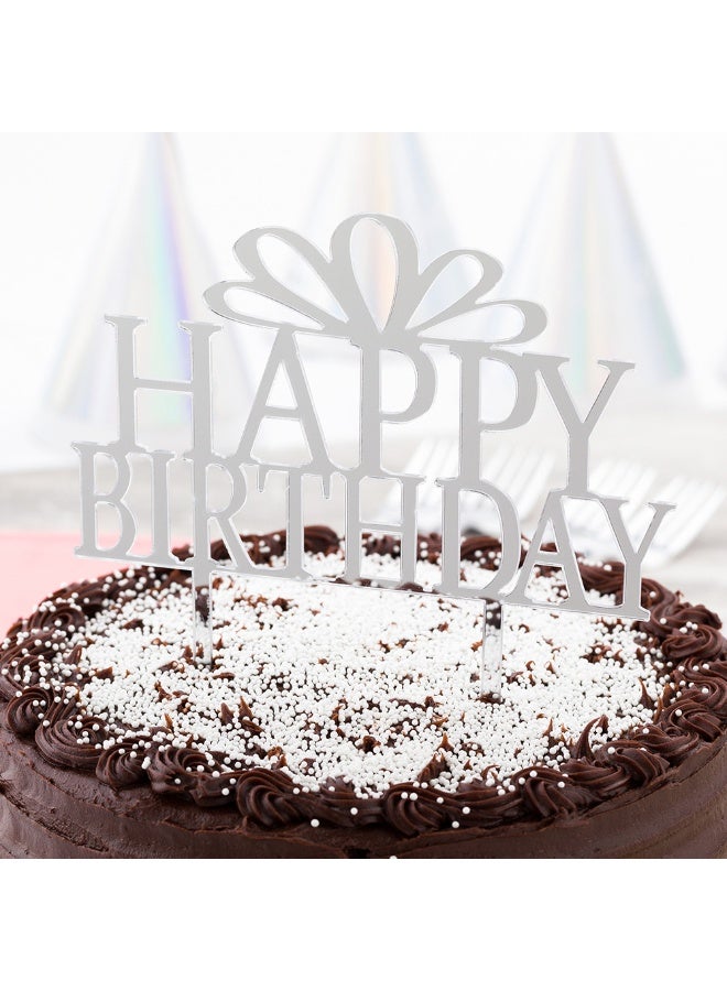 Restaurantware Top Cake 6 x 5.8 Inch Happy Birthday Cake Topper, 1 Mirrored Birthday Cake Decoration - With Bow, Durable, Silver Acrylic Birthday Topper For Dessert And Party Decorations - Image 3