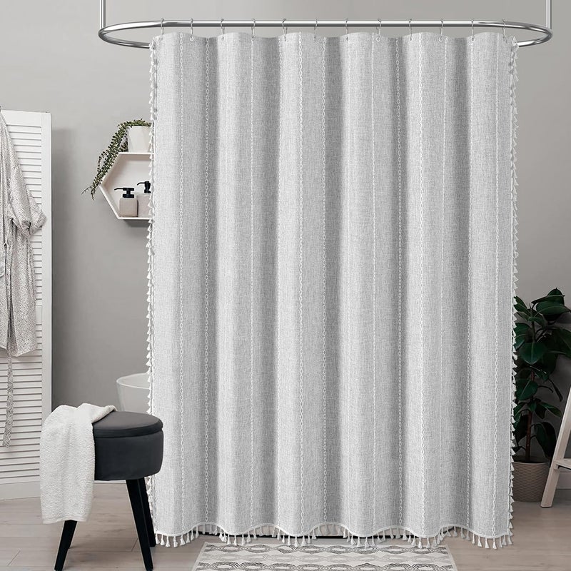 BTTN Extra Long Shower Curtain - 72x84 Long Boho Chic Striped Tassel Linen Fabric Shower Curtain Set with Hooks  Tall Modern Farmhouse Cute Heavy Duty Cloth Shower Curtains for Bathroom - Grey/Gray - Image 2