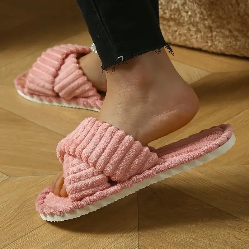 SILENCIO Slippers for Women House Bedroom Furry Cross Bands Slide Shoes Anti-Skid Sole Open Toe Slippers Indoor & Outdoor (Pink, UK Footwear Size System, Adult, Women, Numeric Range, Medium, 7, 8) - Image 4