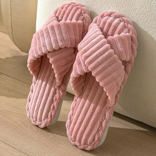 SILENCIO Slippers for Women House Bedroom Furry Cross Bands Slide Shoes Anti-Skid Sole Open Toe Slippers Indoor & Outdoor (Pink, UK Footwear Size System, Adult, Women, Numeric Range, Medium, 7, 8) - Image 3