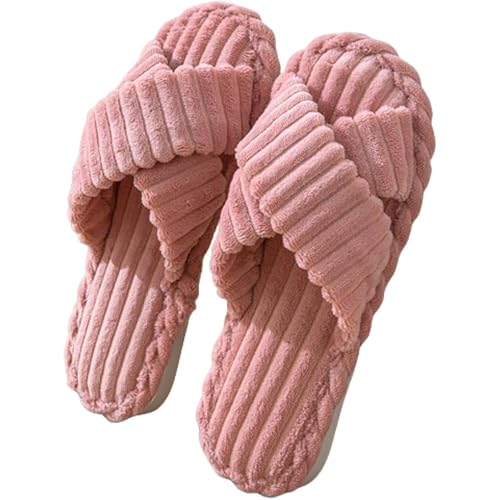 SILENCIO Slippers for Women House Bedroom Furry Cross Bands Slide Shoes Anti-Skid Sole Open Toe Slippers Indoor & Outdoor (Pink, UK Footwear Size System, Adult, Women, Numeric Range, Medium, 7, 8) - Image 1