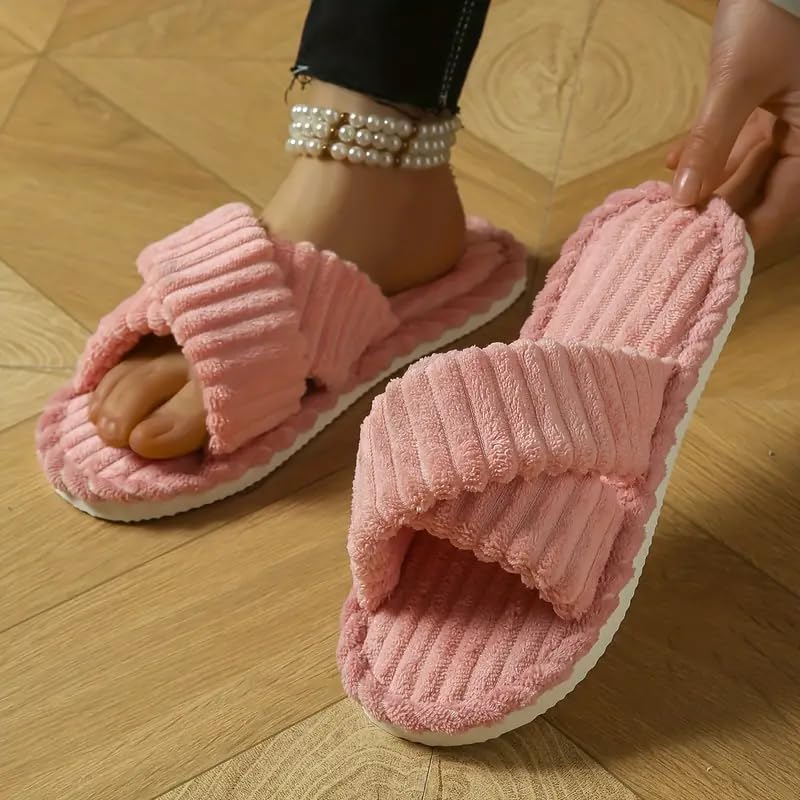 SILENCIO Slippers for Women House Bedroom Furry Cross Bands Slide Shoes Anti-Skid Sole Open Toe Slippers Indoor & Outdoor (Pink, UK Footwear Size System, Adult, Women, Numeric Range, Medium, 7, 8) - Image 2