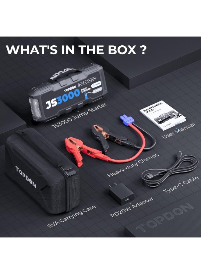 TOPDON Car Battery Jump Starter, JS3000 12V 3000A Battery Booster Jump Starter Pack for Up to 9L Gas/ 7L Diesel Engines, Portable Car Battery Charger with Handle Jumper Cable and EVA Protection Case - Image 2