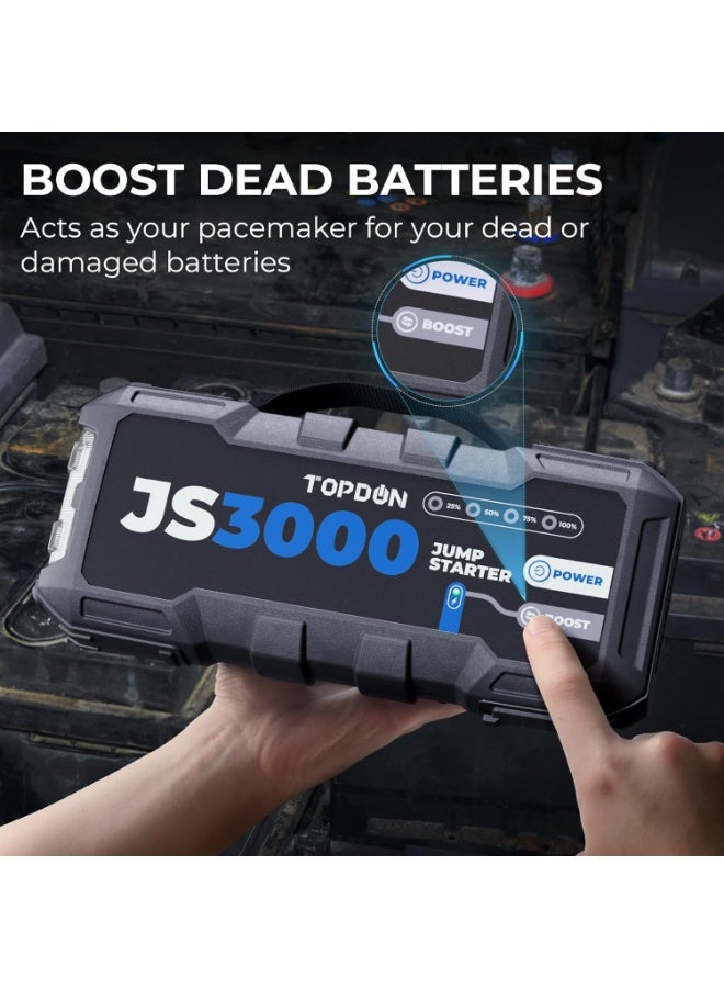 TOPDON Car Battery Jump Starter, JS3000 12V 3000A Battery Booster Jump Starter Pack for Up to 9L Gas/ 7L Diesel Engines, Portable Car Battery Charger with Handle Jumper Cable and EVA Protection Case - Image 4