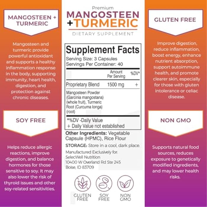 SelecWell Mangosteen + Turmeric Capsules | Joint & Digestion Support | Formulated for Wellness, Includes Natural Ingredients | 120 Vegetarian Capsules, 1500mg per Serving - Image 3