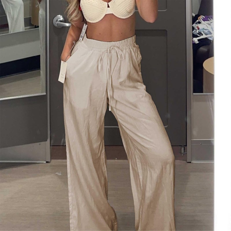 Duyang Womens Cotton Linen Palazzo Pants Drawstring Elastic Waist Casual Wide Leg Trousers with Pockets(Khaki,L) - Image 4