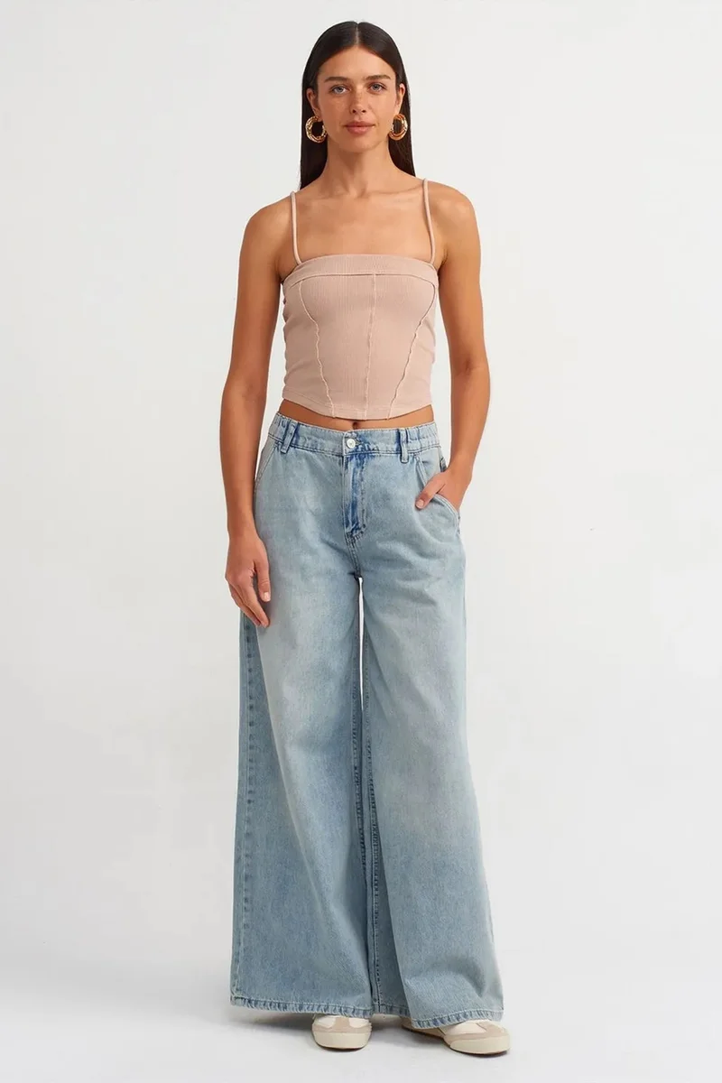 Dilvin Beige Natural DILVIN Ribbed Square-Neck Crop Top for Women | Best Price UAE