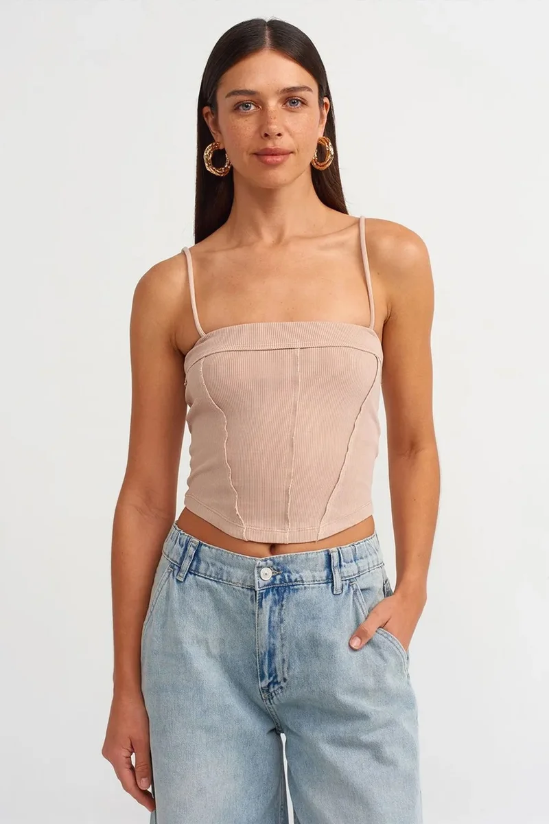 Dilvin Beige Natural DILVIN Ribbed Square-Neck Crop Top for Women | Best Price UAE