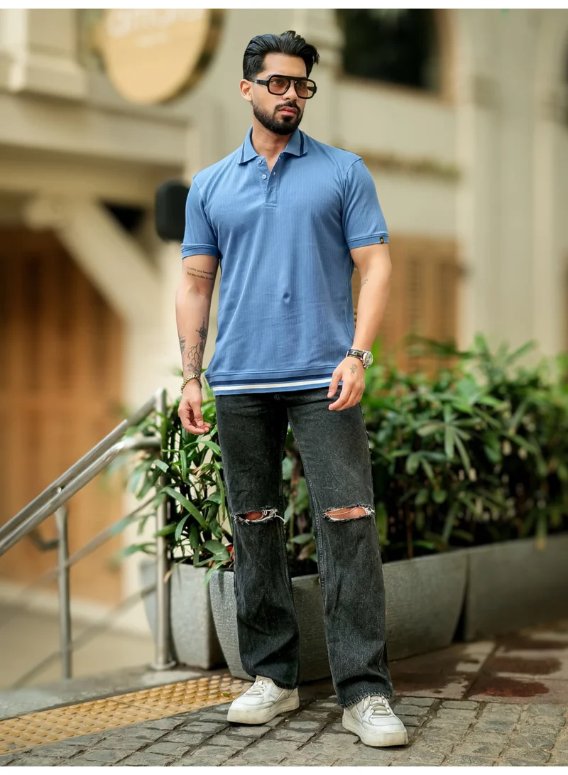 Maniac Maniac Men Solid Polo Neck Half Sleeve Denim Blue Cotton Slim Fit T-Shirt