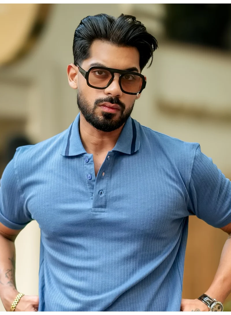 Maniac Maniac Men Solid Polo Neck Half Sleeve Denim Blue Cotton Slim Fit T-Shirt