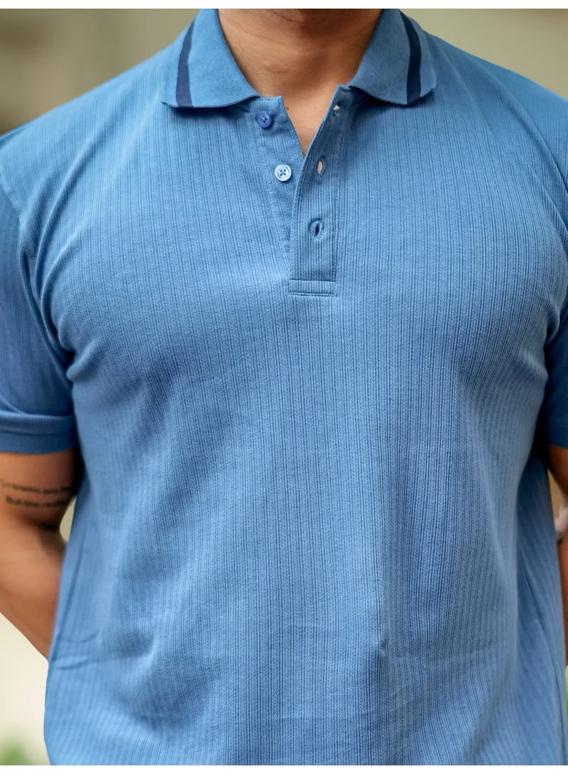 Maniac Maniac Men Solid Polo Neck Half Sleeve Denim Blue Cotton Slim Fit T-Shirt