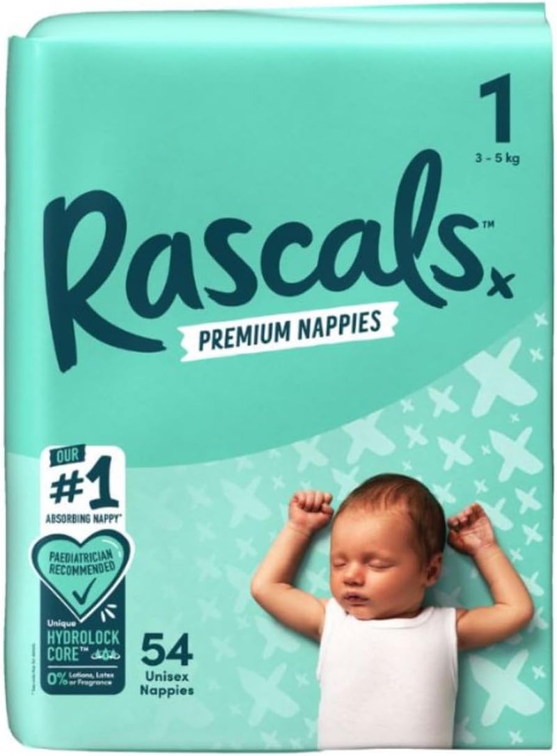 Rascals Premium Baby Diapers Size 1 - Comfortable & Leak-Proof for Newborns 3-5 kg - Pack of 54 - Image 1