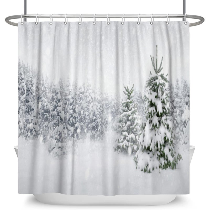Winter Scene Shower Curtain Cool Christmas Theme White Snow Covered Pine Trees Snowflake Bathroom Curtain for Holiday Decor 60x72 Inch Polyester Fabric with Hooks