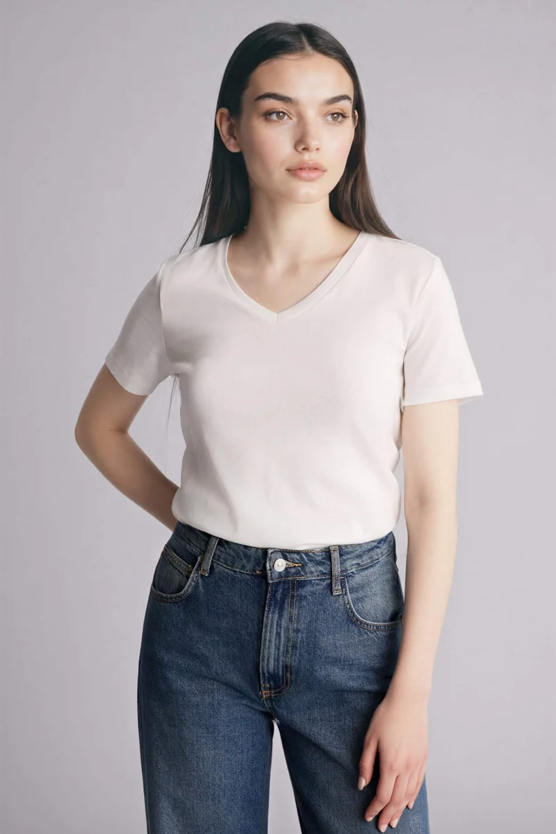 ديفاكتو Slim Fit V-Neck Basic Ribana Short Sleeve T-Shirt