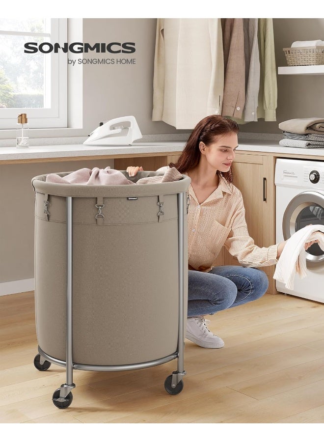SONGMICS Laundry Basket with Casters, Rolling Laundry Hamper, 29 Gal., Round Laundry Cart with Steel Frame and Removable Bag, 4 Casters and 2 Brakes, Camel Brown and Metallic Silver - Image 2