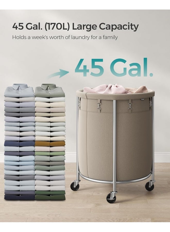 SONGMICS Laundry Basket with Casters, Rolling Laundry Hamper, 29 Gal., Round Laundry Cart with Steel Frame and Removable Bag, 4 Casters and 2 Brakes, Camel Brown and Metallic Silver - Image 3