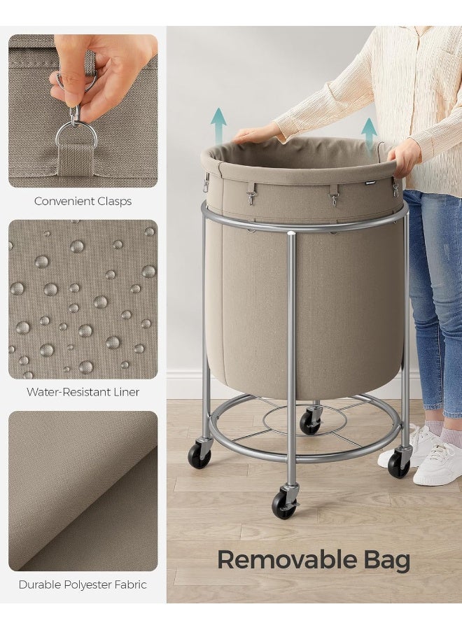 SONGMICS Laundry Basket with Casters, Rolling Laundry Hamper, 29 Gal., Round Laundry Cart with Steel Frame and Removable Bag, 4 Casters and 2 Brakes, Camel Brown and Metallic Silver - Image 5