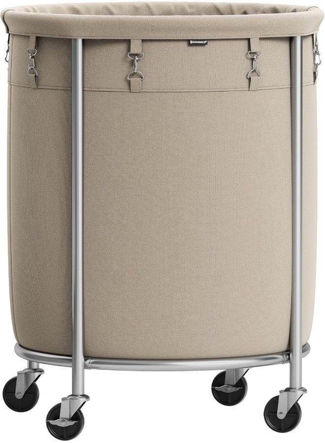SONGMICS Laundry Basket with Casters, Rolling Laundry Hamper, 29 Gal., Round Laundry Cart with Steel Frame and Removable Bag, 4 Casters and 2 Brakes, Camel Brown and Metallic Silver - Image 1
