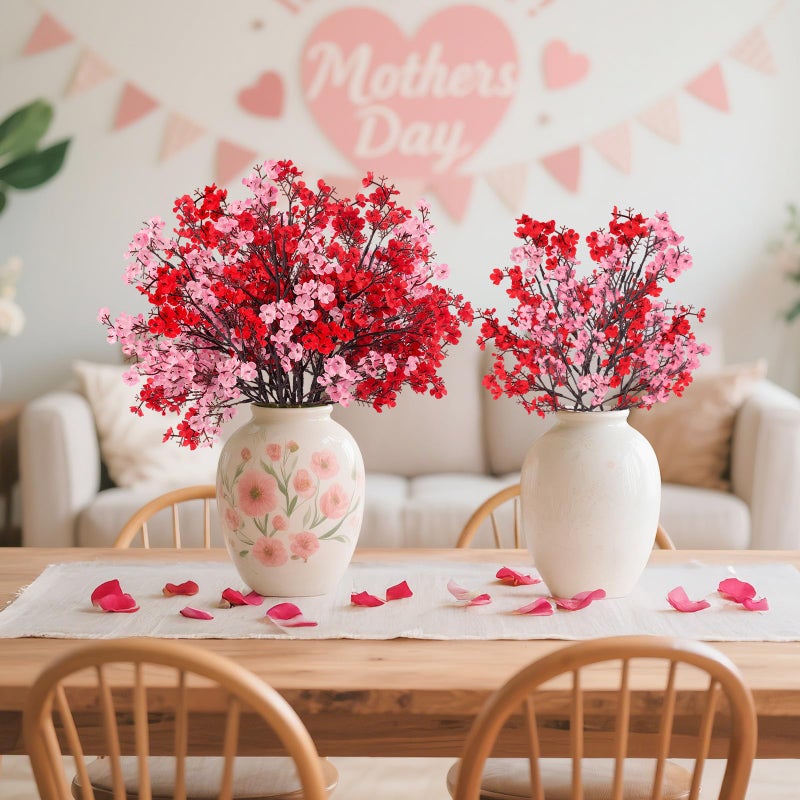 HIAGROW 8Pcs Babys Breath Fake Artificial Flowers, Real Touch Red Pink Mix and Match Plants Silk Flowers for Vase Home Office Wedding Valentine's Day Indoor Outdoor Centerpiece Table Party Decoration - Image 3