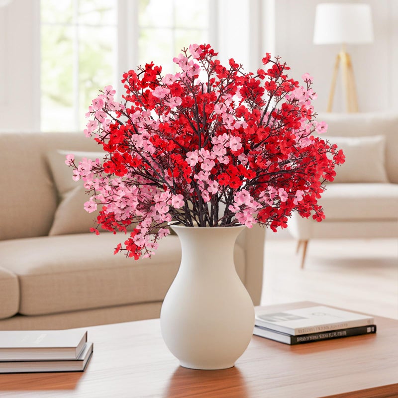 HIAGROW 8Pcs Babys Breath Fake Artificial Flowers, Real Touch Red Pink Mix and Match Plants Silk Flowers for Vase Home Office Wedding Valentine's Day Indoor Outdoor Centerpiece Table Party Decoration - Image 2