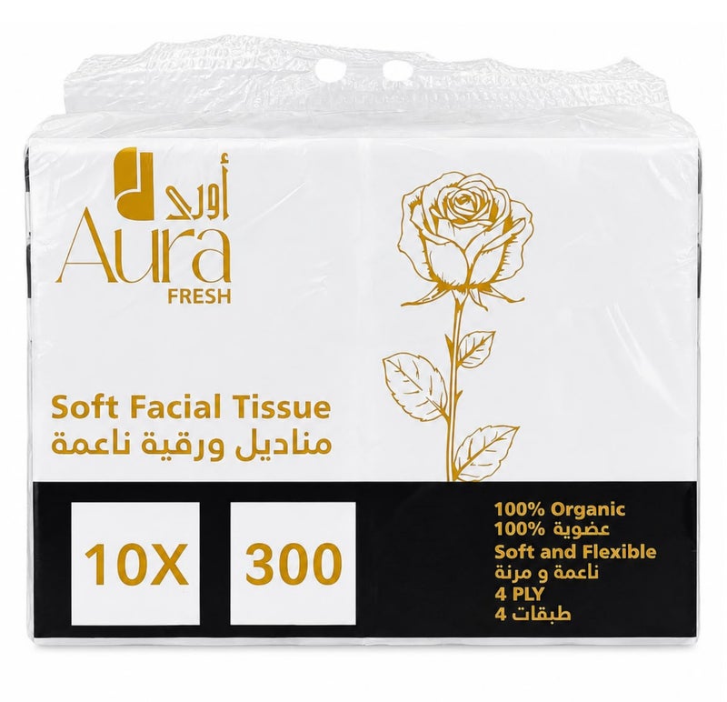 AURA Soft Facial Tissue 10 Pack x 300 Sheets, 4 Ply Premium Facial Tissue Paper, Ultra Soft & Strong, Highly Absorbent, Gentle on Skin, Bulk Pack for Home, Office & Travel - Image 1