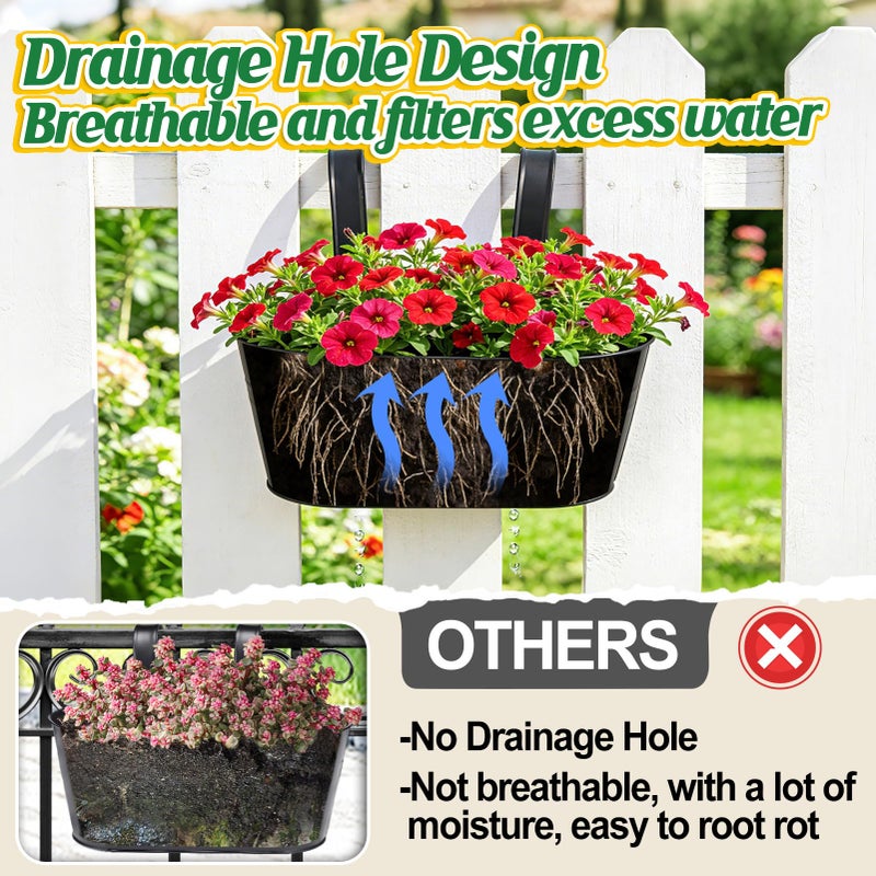 MADHOLLY Railing Planter with Drainage Holes - 6Pcs Sturdy Bucket Pots for Railing Fence, Countryside Style Metal Flower Pots for Herbs Balcony Garden Yard Decor, Black - Image 2