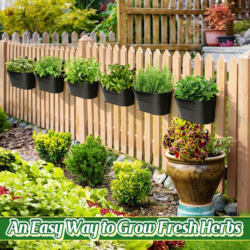 MADHOLLY Railing Planter with Drainage Holes - 6Pcs Sturdy Bucket Pots for Railing Fence, Countryside Style Metal Flower Pots for Herbs Balcony Garden Yard Decor, Black - Image 3