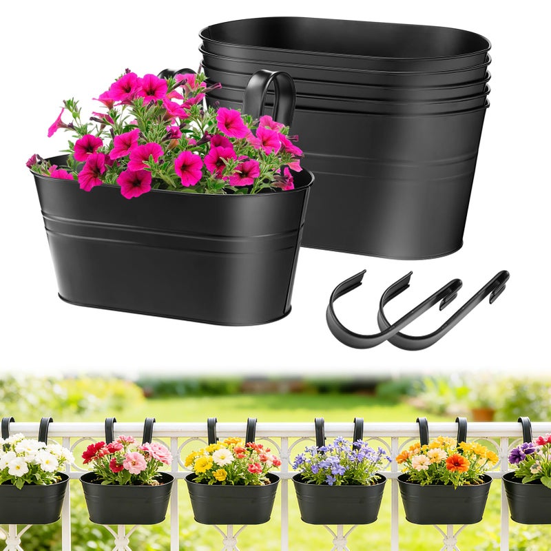 MADHOLLY Railing Planter with Drainage Holes - 6Pcs Sturdy Bucket Pots for Railing Fence, Countryside Style Metal Flower Pots for Herbs Balcony Garden Yard Decor, Black - Image 1