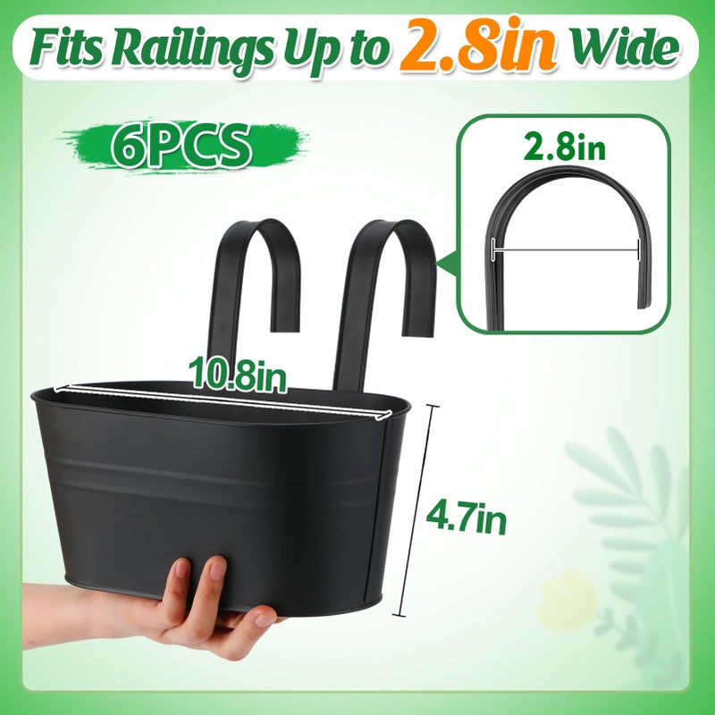 MADHOLLY Railing Planter with Drainage Holes - 6Pcs Sturdy Bucket Pots for Railing Fence, Countryside Style Metal Flower Pots for Herbs Balcony Garden Yard Decor, Black - Image 4