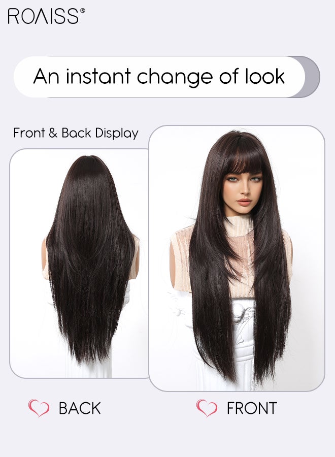 رويس باروكة شعر مستعار طويل مستقيم باللون الأسود والبني للنساء مع غرة، مصنوعة من ألياف صناعية ناعمة طبيعية مقاومة للحرارة، مناسبة لحفلات الزفاف والتنكر والارتداء اليومي، 71 سم (28 بوصة) - Image 5