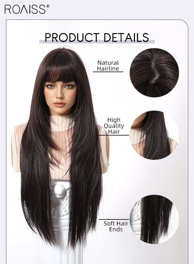 رويس باروكة شعر مستعار طويل مستقيم باللون الأسود والبني للنساء مع غرة، مصنوعة من ألياف صناعية ناعمة طبيعية مقاومة للحرارة، مناسبة لحفلات الزفاف والتنكر والارتداء اليومي، 71 سم (28 بوصة) - Image 4