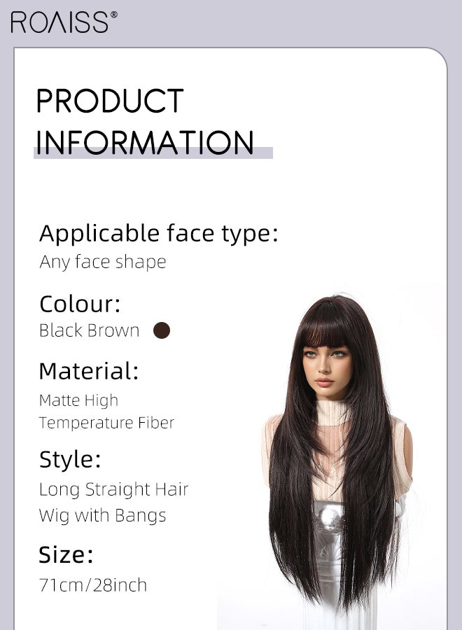 رويس باروكة شعر مستعار طويل مستقيم باللون الأسود والبني للنساء مع غرة، مصنوعة من ألياف صناعية ناعمة طبيعية مقاومة للحرارة، مناسبة لحفلات الزفاف والتنكر والارتداء اليومي، 71 سم (28 بوصة) - Image 2