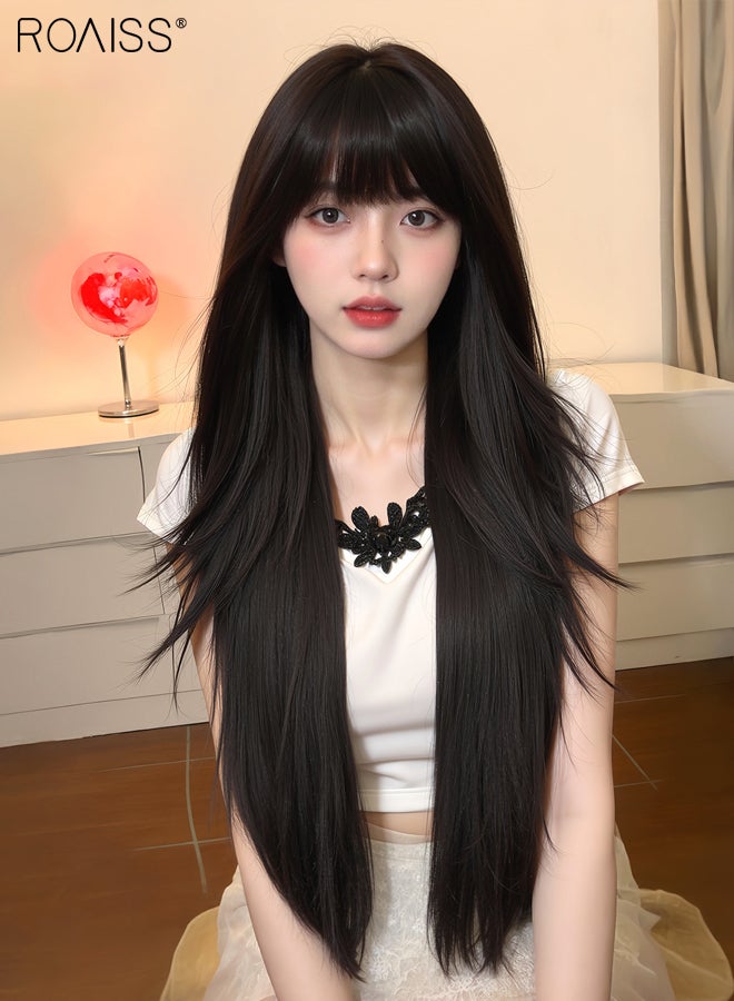 رويس باروكة شعر مستعار طويل مستقيم باللون الأسود والبني للنساء مع غرة، مصنوعة من ألياف صناعية ناعمة طبيعية مقاومة للحرارة، مناسبة لحفلات الزفاف والتنكر والارتداء اليومي، 71 سم (28 بوصة) - Image 3