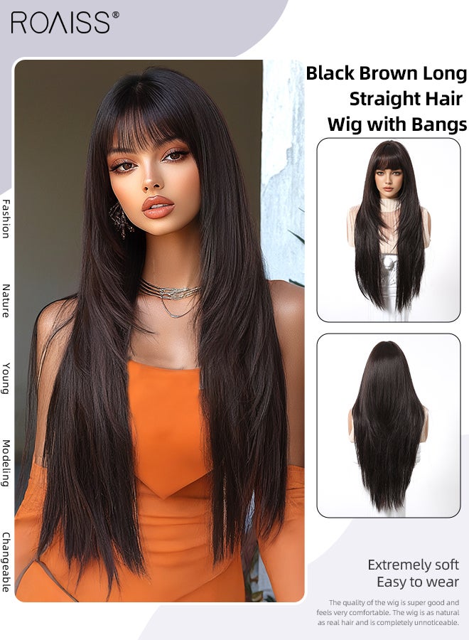 رويس باروكة شعر مستعار طويل مستقيم باللون الأسود والبني للنساء مع غرة، مصنوعة من ألياف صناعية ناعمة طبيعية مقاومة للحرارة، مناسبة لحفلات الزفاف والتنكر والارتداء اليومي، 71 سم (28 بوصة) - Image 1