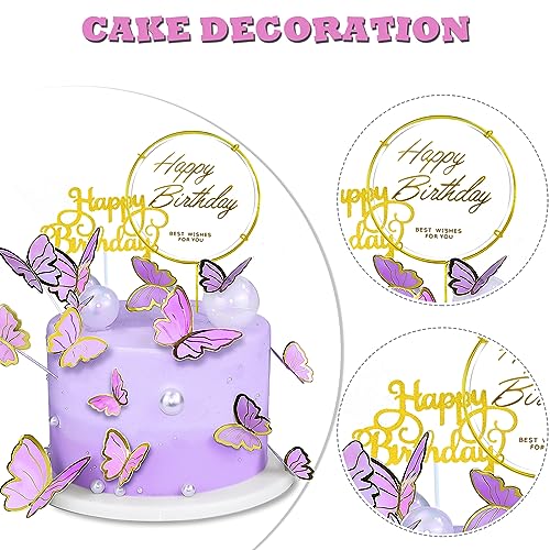 WOW DING 60Pcs Butterfly Cupcake Topper Purple Gold, Lively 3D Butterflies with 2Pcs Happy Birthday Topper for Cake Decor Birthday Anniversary Kids Wedding Girl Women Party Wall Food Decorations,Mixed Size - Image 4