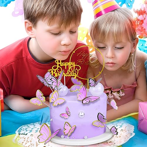 WOW DING 60Pcs Butterfly Cupcake Topper Purple Gold, Lively 3D Butterflies with 2Pcs Happy Birthday Topper for Cake Decor Birthday Anniversary Kids Wedding Girl Women Party Wall Food Decorations,Mixed Size - Image 5